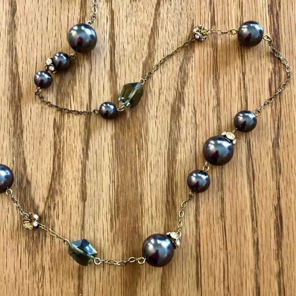 J.Crew | Grey Faux Pearl and Crystal Station Necklace | 36” Length - Picture 2 of 5